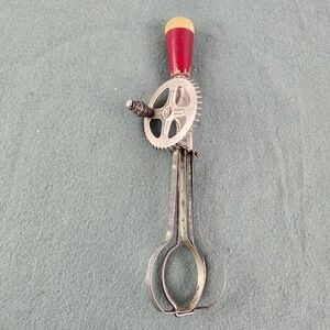 Antique 1920's Red Handle A&J Egg‎ Beater Hand Mixer Farmhouse Decor-working
